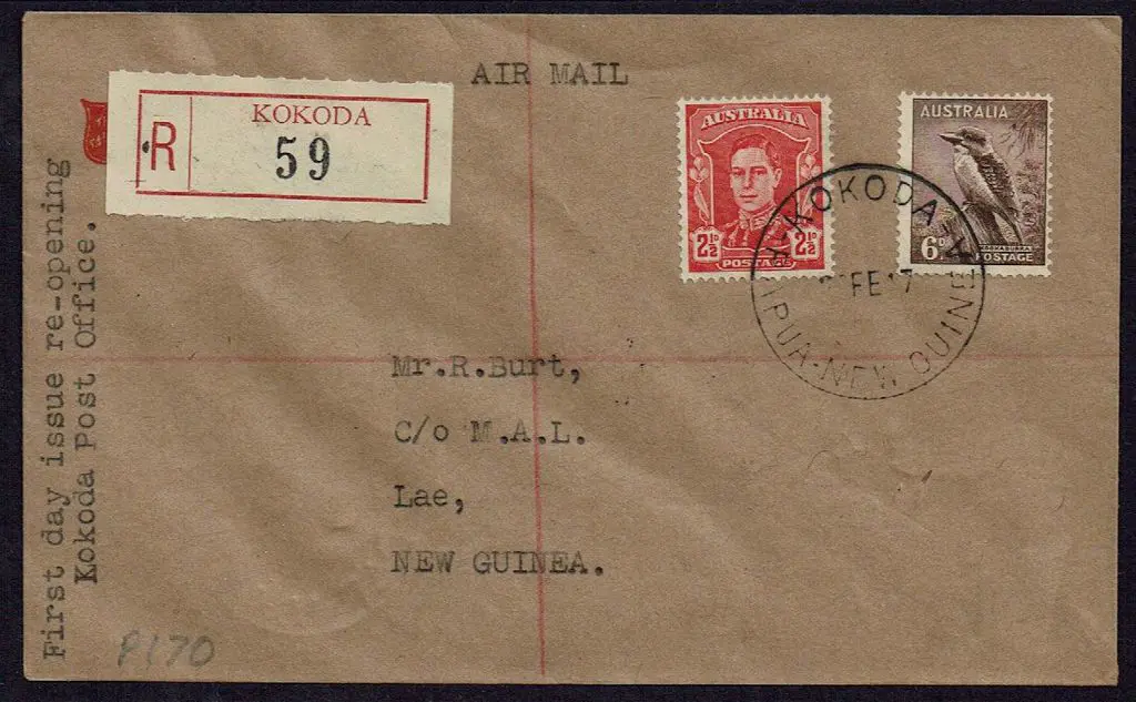 1947 (22nd Feb) Kokoda to Lae Kokoda registered ... Image 1++