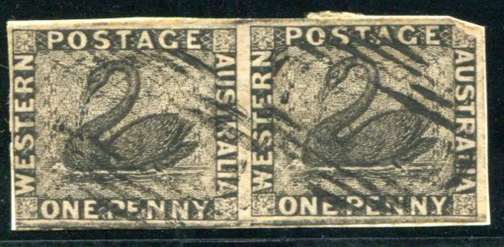 1854 1d black swan fine used horiz pair with light ... Image 1++