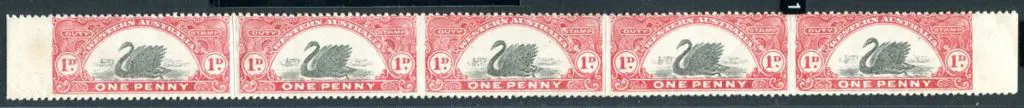 1909 1d red & black, perf. 11 strip of five ... Image 1++