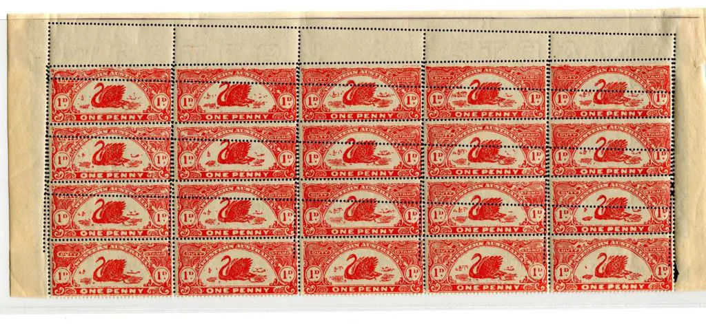 1922/30 1d red perf. 14½x13½ block of 20 with four ... Image 1++