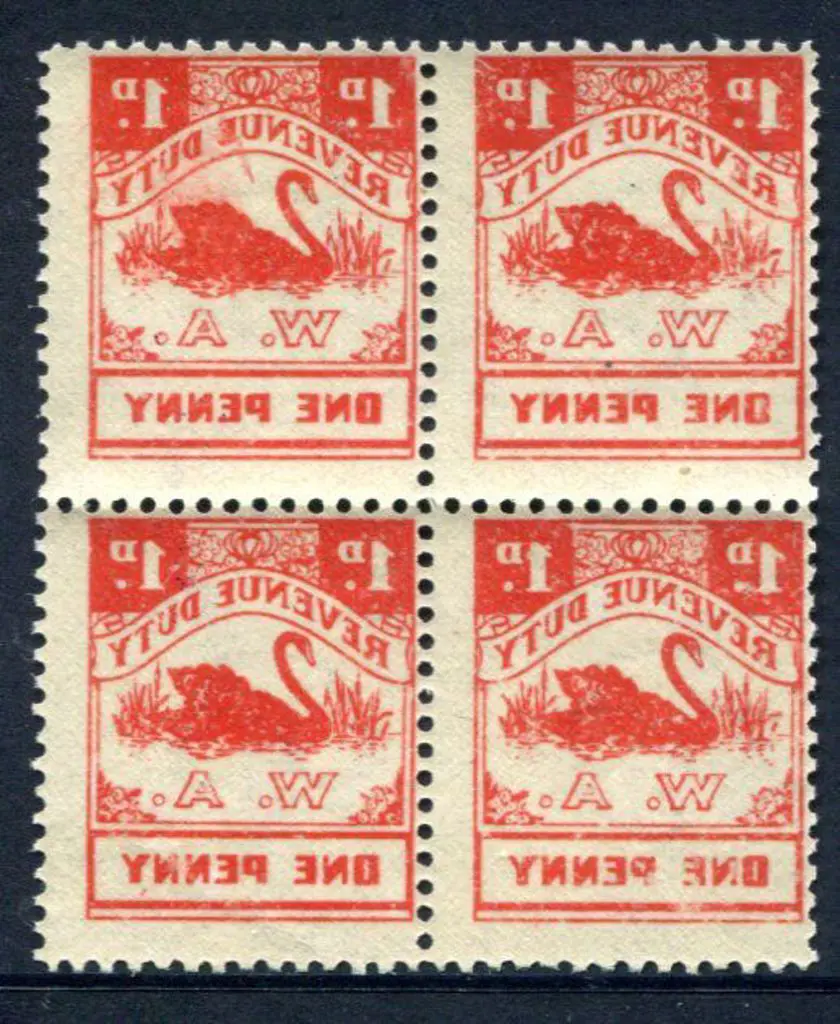 1951 1d red Revenue Duty Swan block of 4 with ... Image 1++