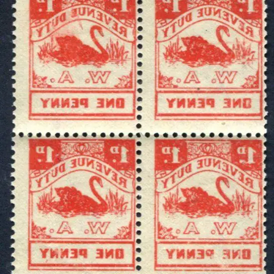 1951 1d red Revenue Duty Swan block of 4 with ...