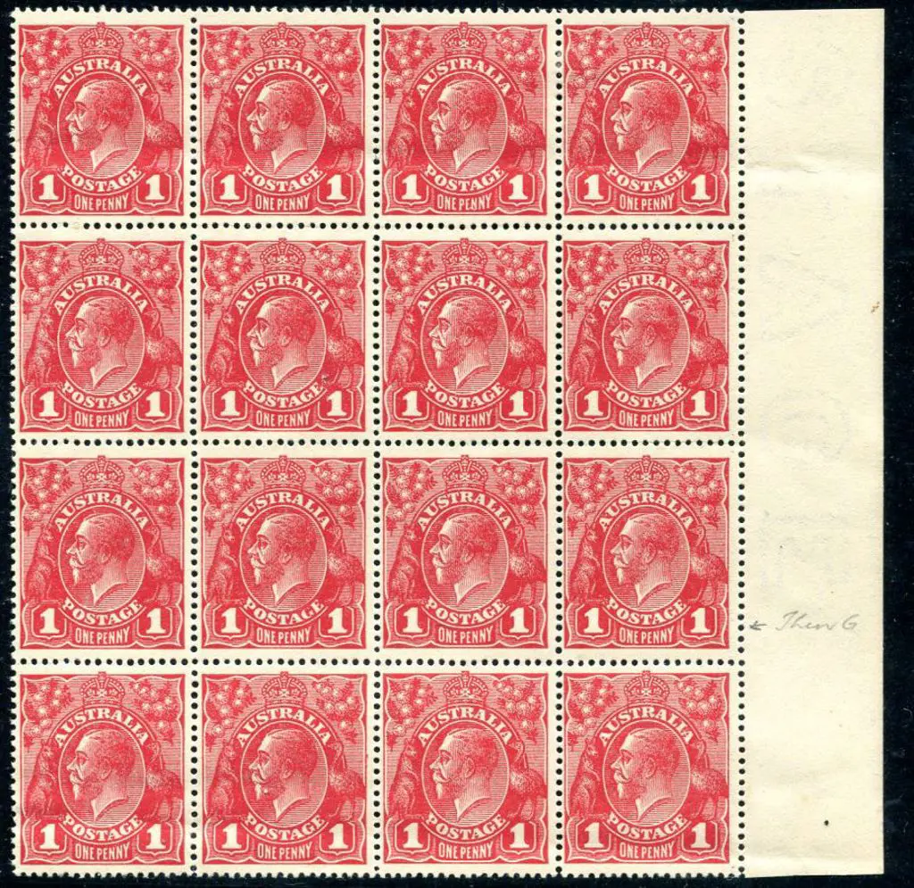1914-20 Single Watermark 1d scarlet G17 block of ... Image 1++