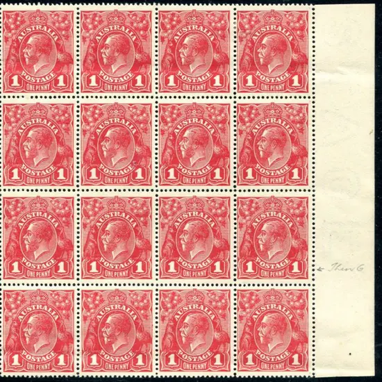 1914-20 Single Watermark 1d scarlet G17 block of ...