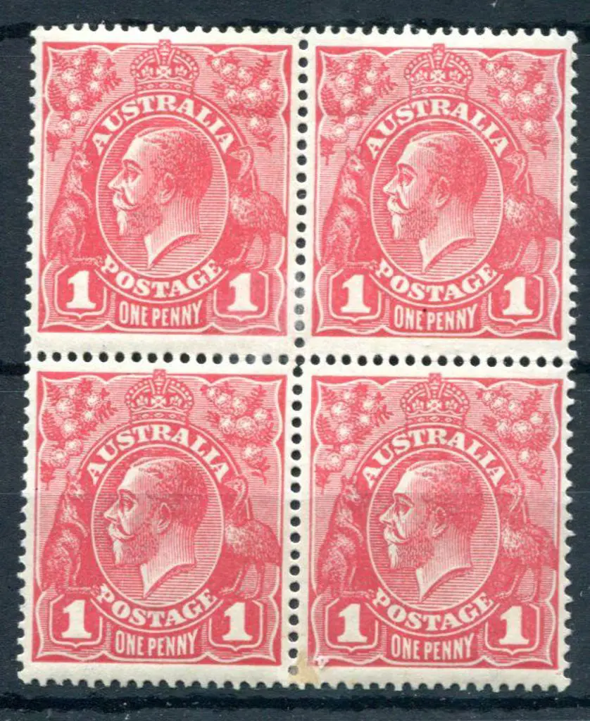 1914-20 Single Watermark 1d rose G21 block of 4 ... Image 1++