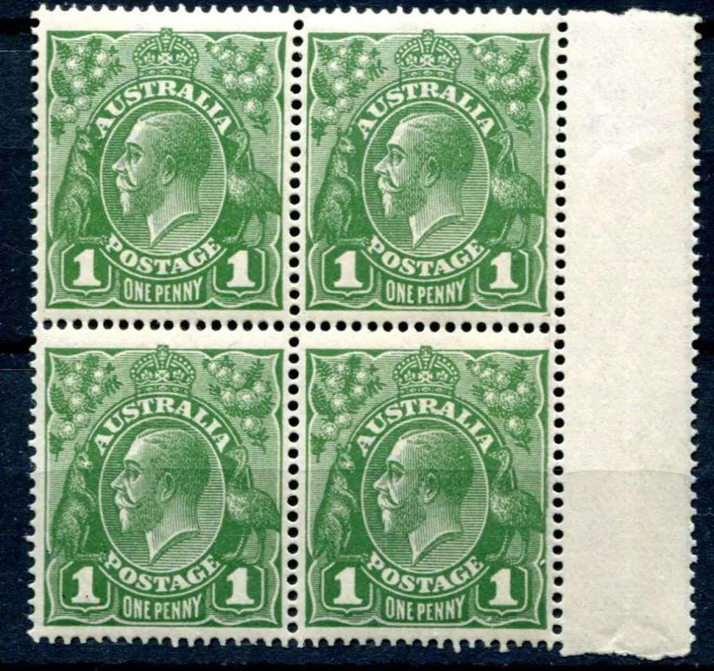 1914-20 Single Watermark 1d green positional block ... Image 1++