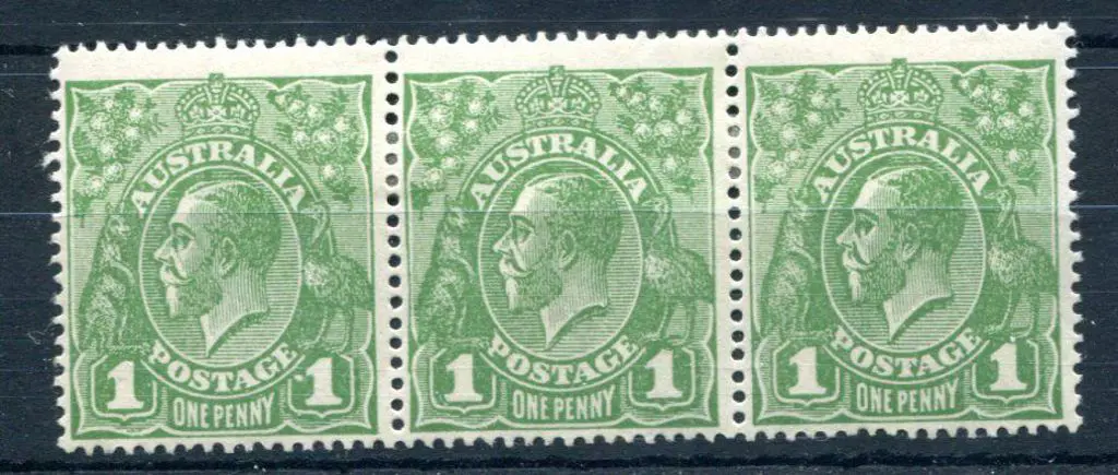 1914-20 Single Watermark 1d green strip of 3 with ... Image 1++