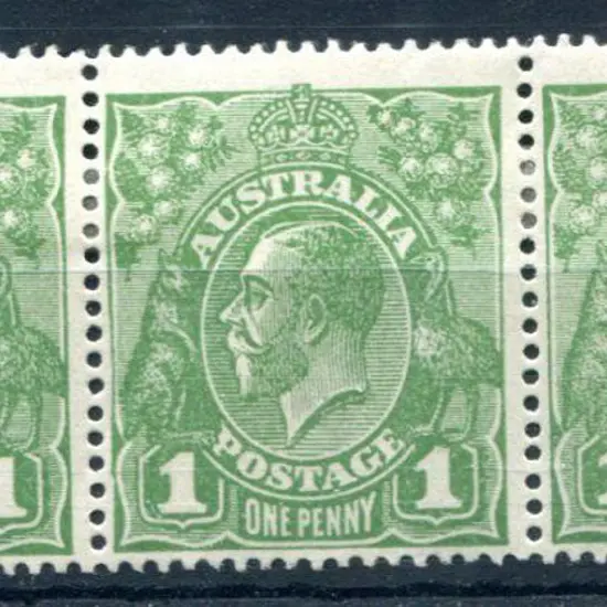 1914-20 Single Watermark 1d green strip of 3 with ...