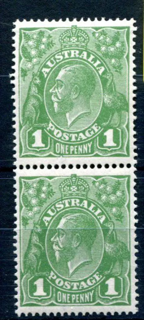 1914-20 Single Watermark 1d green vertical pair ... Image 1++