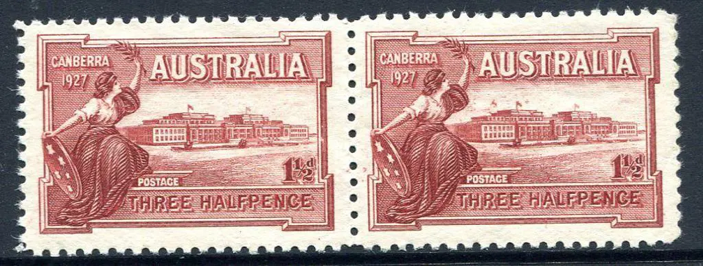 1927 1½d Canberra Parl House pair with right stamp ... Image 1++