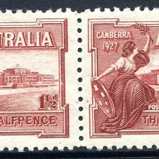 1927 1½d Canberra Parl House pair with right stamp ...