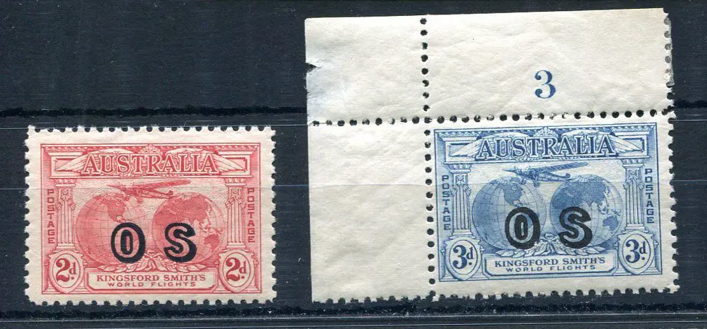 1931 2d & 3d Kingsford Smith ovptd "OS". 3d with ... Image 1++