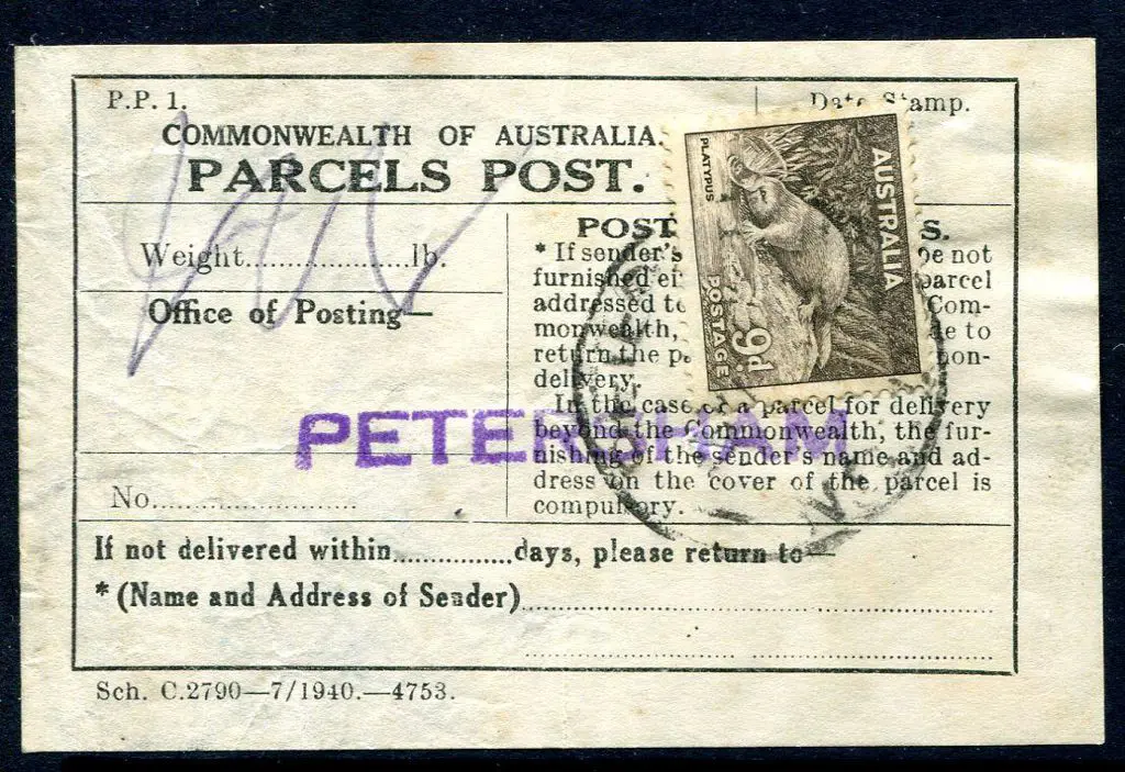 1940 Commonwealth of Australia Parcels Post label ... Image 1++