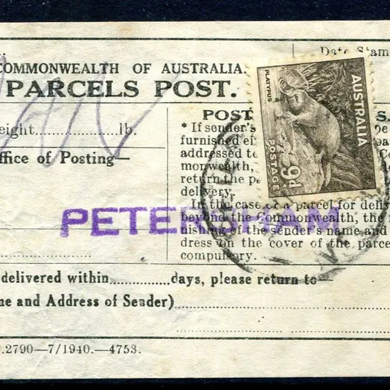1940 Commonwealth of Australia Parcels Post label ...
