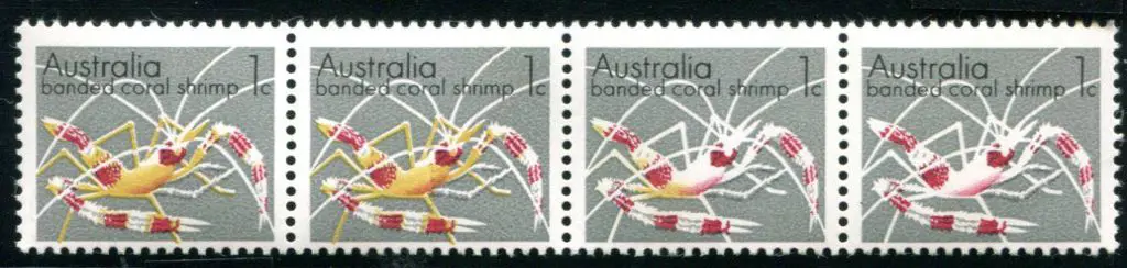 1973 1c Coral Shrimp strip of 4 with "Yellow ... Image 1++