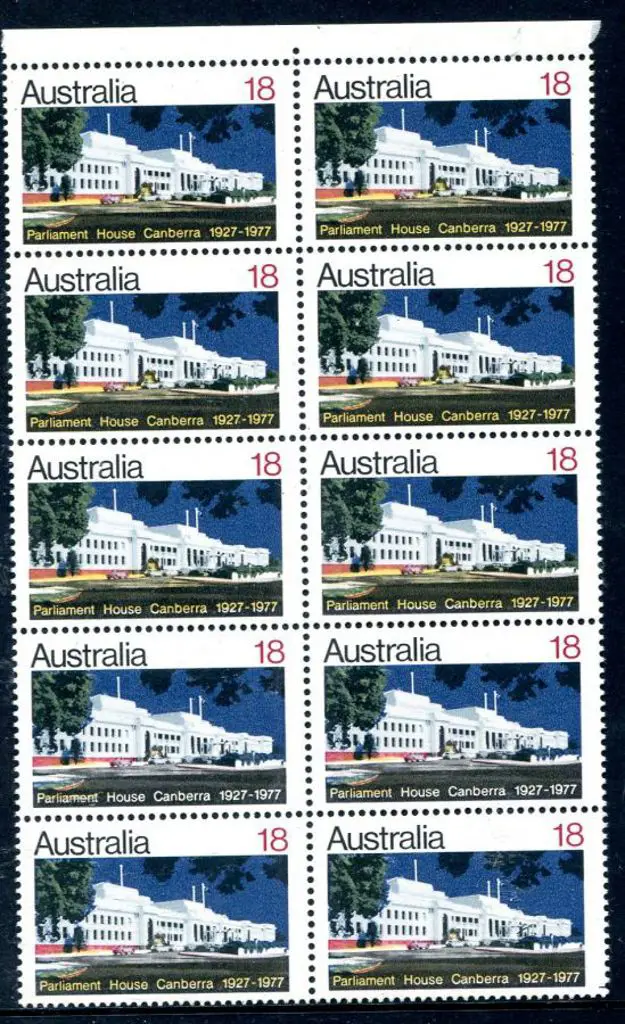 1977 18c Parliament House marginal block of 10 ... Image 1++