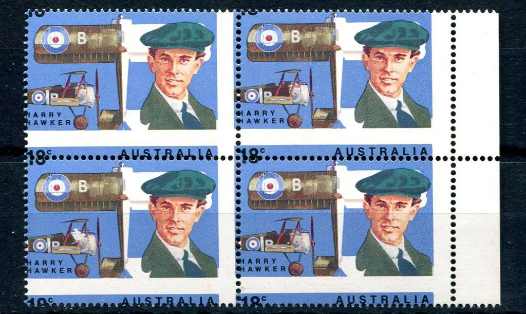 1978 18c Harry Hawker marginal block of 4 with ... Image 1++