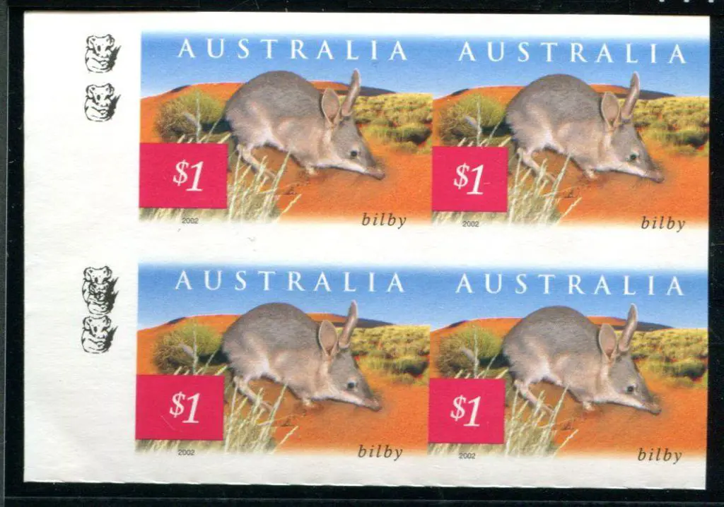 2002 $1 Bilby imperforate block of 4 with left ... Image 1++
