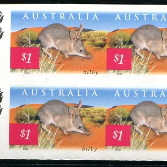 2002 $1 Bilby imperforate block of 4 with left ...