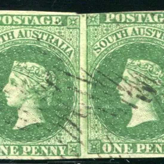 1855 1d dark green imperforate pair. Left stamp ...