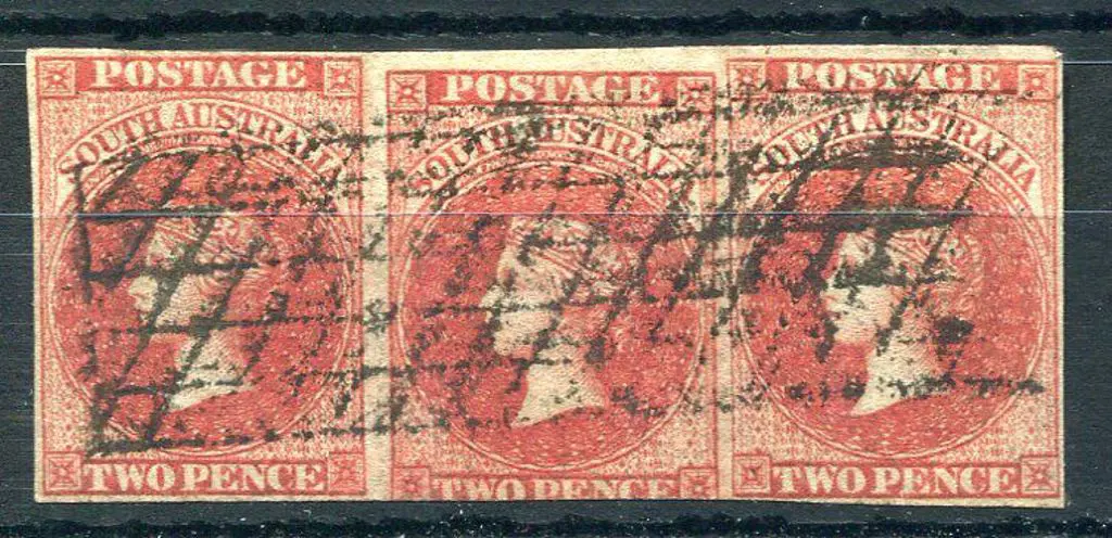 1855 2d rose carmine strip of 3 imperf cancelled ... Image 1++