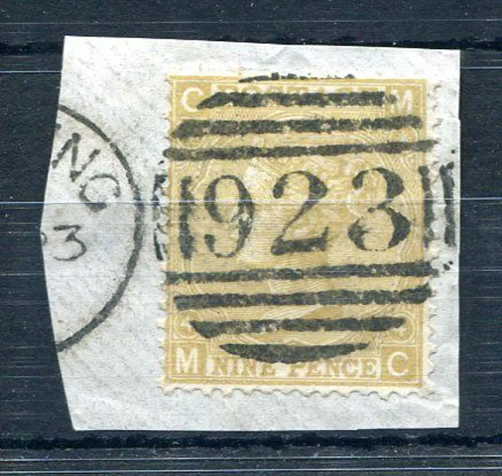 1867 9d pale straw, plate 4 tied to piece by bold ... Image 1++