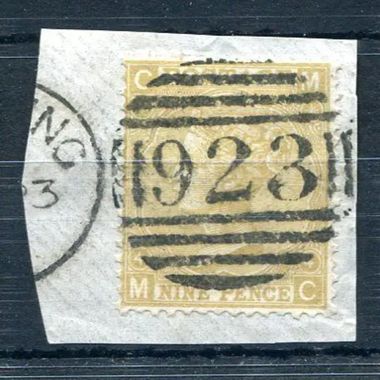 1867 9d pale straw, plate 4 tied to piece by bold ...