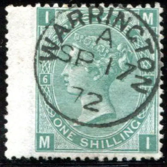 1871 1/- green, plate 6 wing margin example. ...