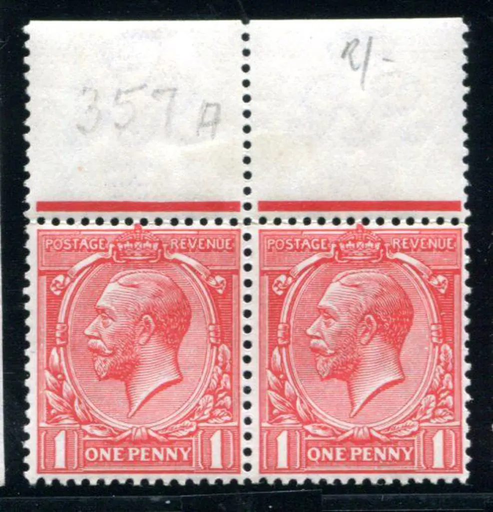 1912/14 1d scarlet pair with top selvedge showing ... Image 1++
