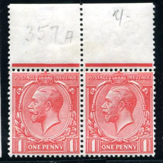 1912/14 1d scarlet pair with top selvedge showing ...