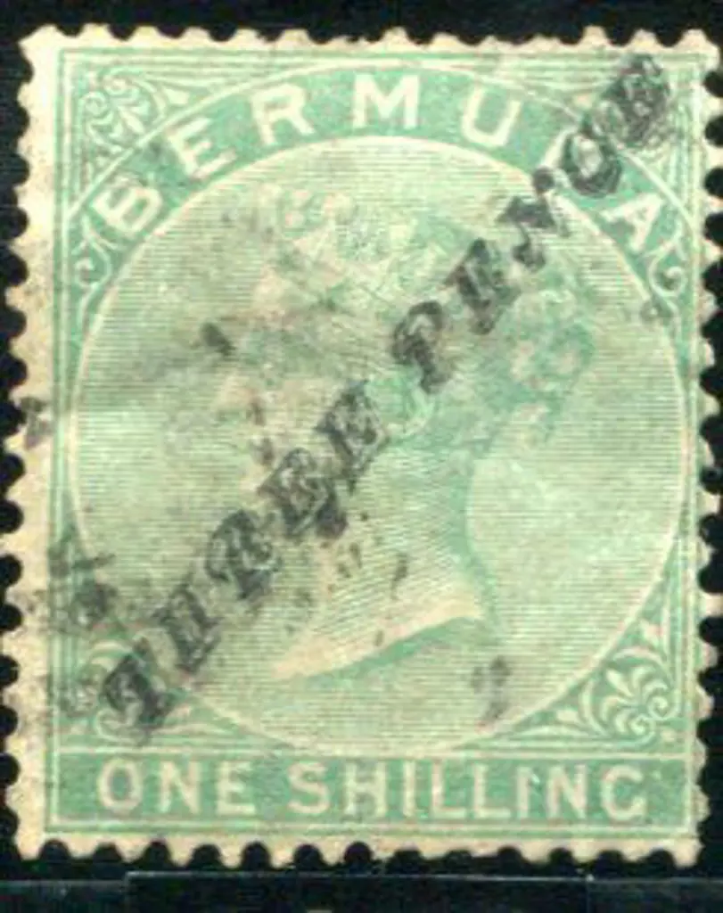 Bermuda 1874 "THREE PENCE" on 1/- green QV with ... Image 1++