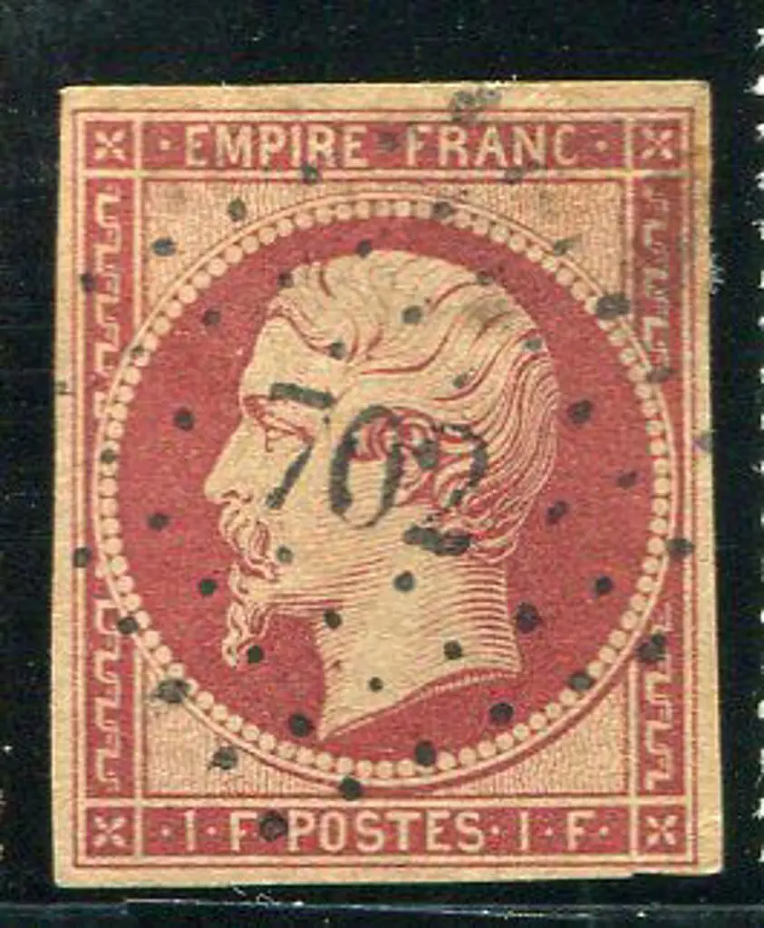 France 1853 1f carmine Napoleon imperf with four ... Image 1++
