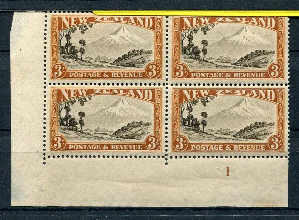 New Zealand 1935 3/- Mt Egmont single wmk, plate 1 ... Image 1++