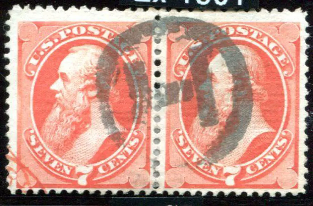 USA 1870/71 Stanton 7c vermilion 'H' grill pair ... Image 1++