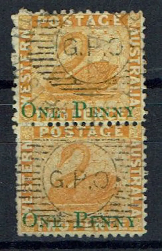 1864 ONE PENNY on 2d yellow vertical pair. Fine ... Image 1++