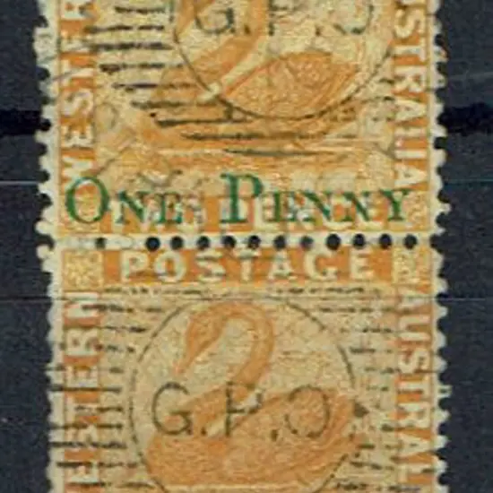 1864 ONE PENNY on 2d yellow vertical pair. Fine ...