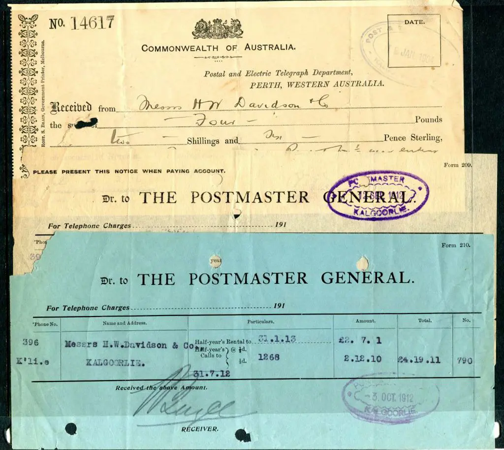 Kalgoorlie Telephone Hire account & receipt forms ... Image 1++