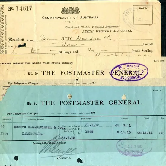 Kalgoorlie Telephone Hire account & receipt forms ...