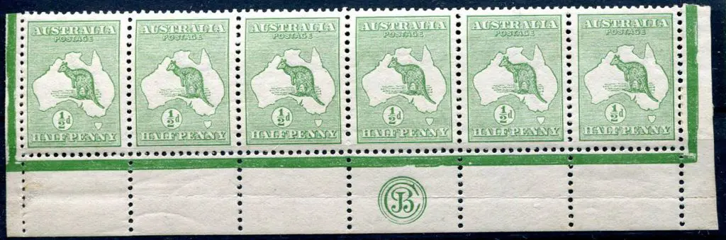 1913 1st Watermark ½d green JBC monogram strip of ... Image 1++