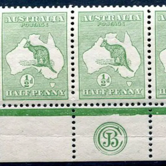 1913 1st Watermark ½d green JBC monogram strip of ...