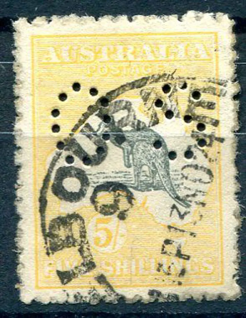 1915 2nd Watermark 5/- deep grey & yellow perfined ... Image 1++