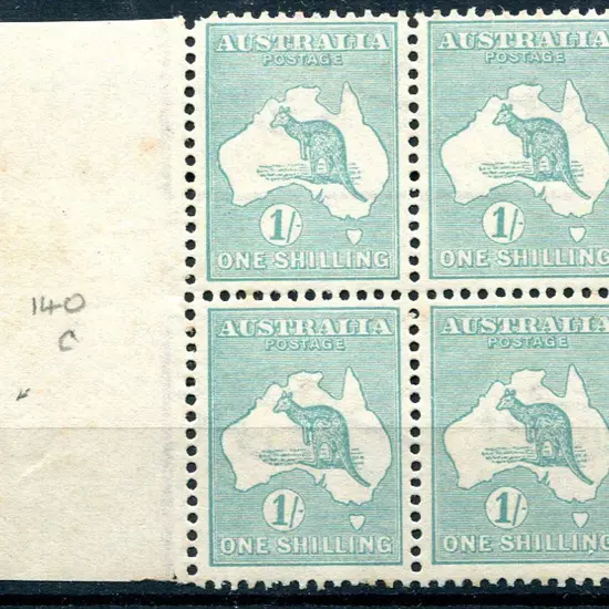 1915/28 3rd Watermark 1/- blue-green left selvedge ...