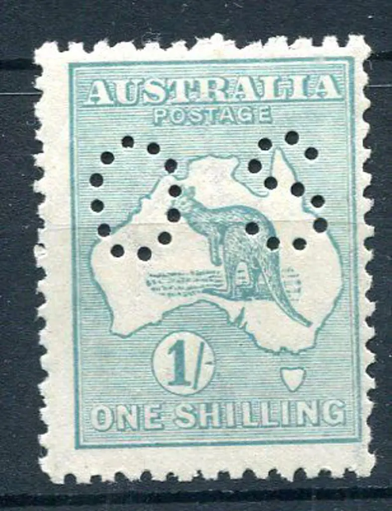 1915/28 3rd Watermark 1/- blue-green perfined ... Image 1++