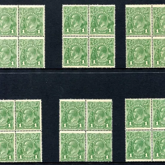 1914-20 Single Watermark 1d green with six block ...