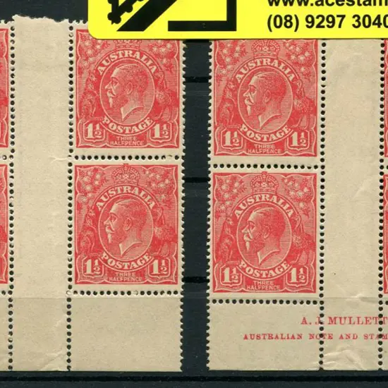 1914-20 Single Watermark 1½d red in two blocks of ...