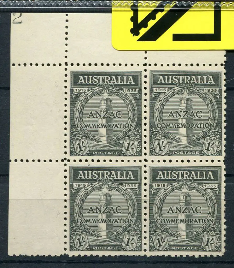 1935 1/- Anzac Plate 2 block of 4. MLH in top ... Image 1++