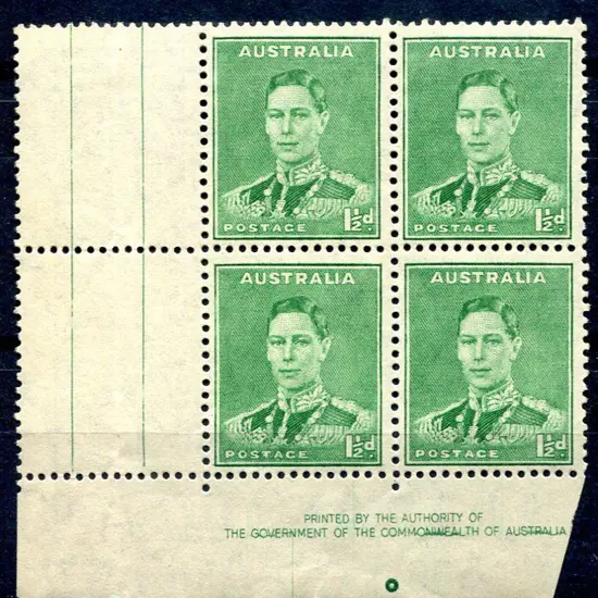 1941/42 1½d green KGVI Authority imprint block to ...