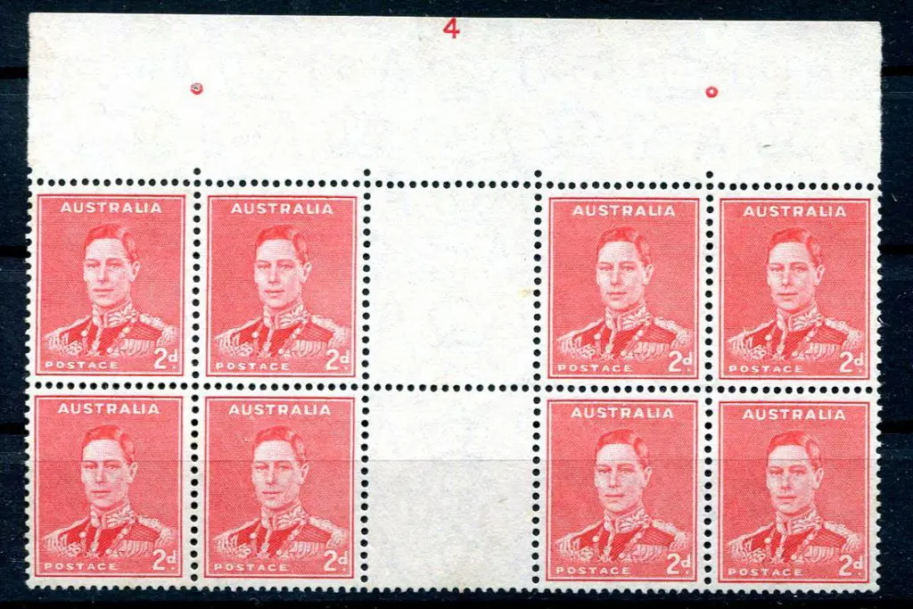 1938/41 2d red KGVI in Plate No. 4 top marginal ... Image 1++