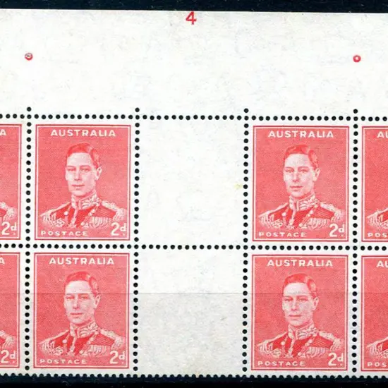 1938/41 2d red KGVI in Plate No. 4 top marginal ...