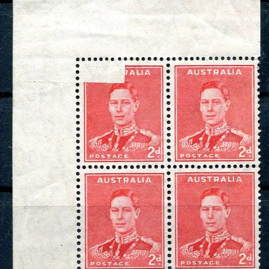 1937/49 2d red KGVI upper left corner block of 4 ...